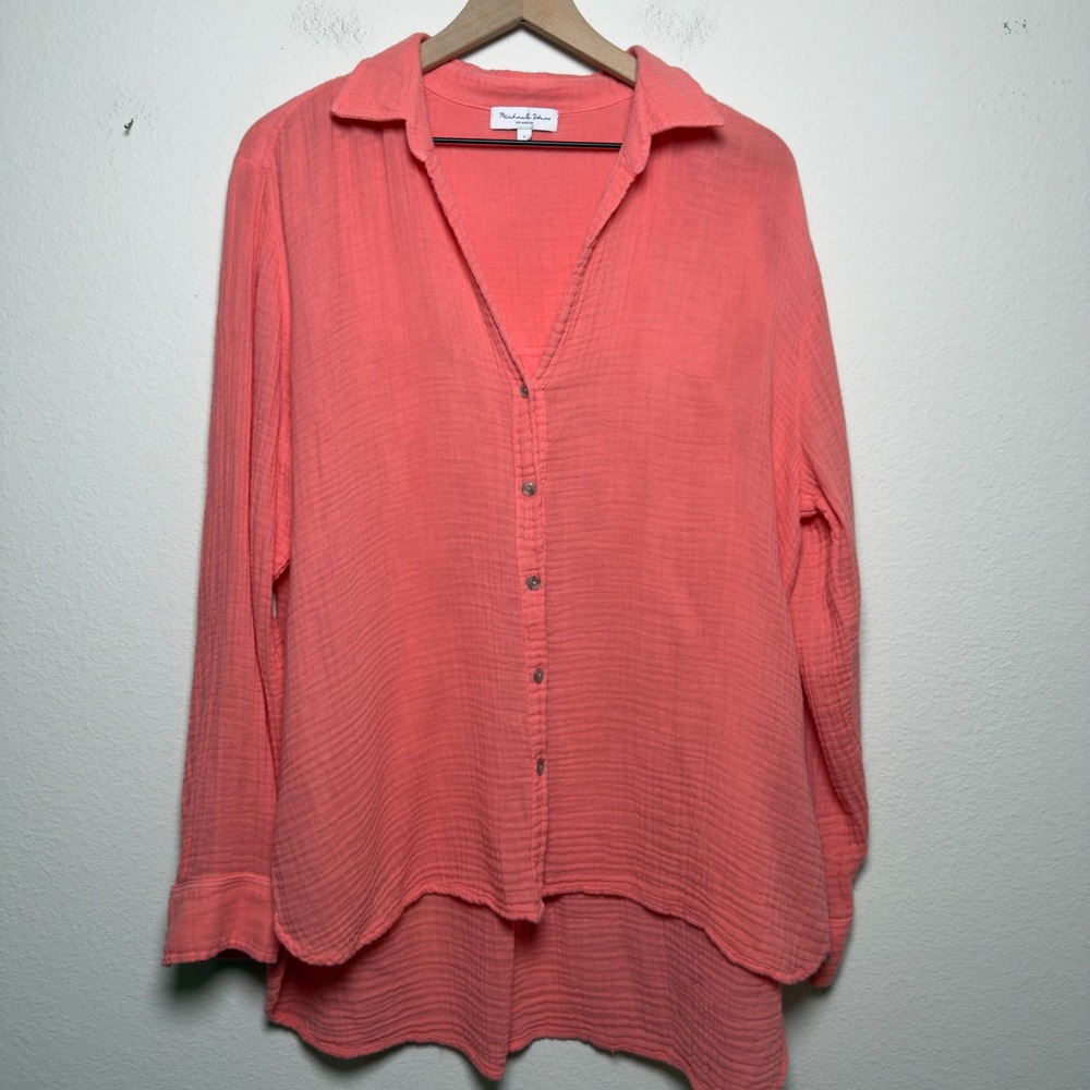 Michael Stars Womens 100% Cotton Button Down Large Pink Gauze High Low Shirt